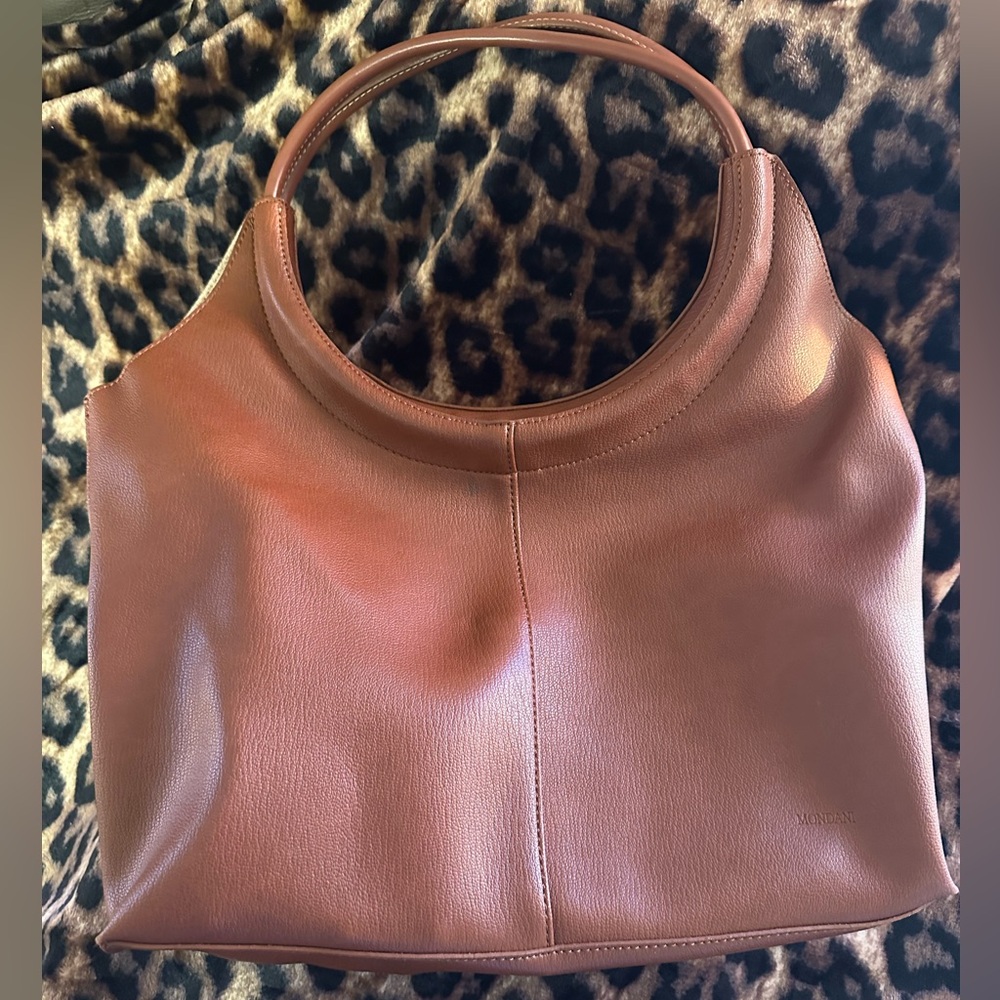 Vintage Vegan Mondani Faux Leather Shoulder Bag Brown Double Handle - Picture 2 of 11